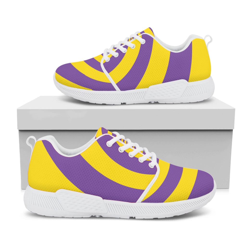 Purple And Yellow Spiral Illusion Print White Athletic Shoes