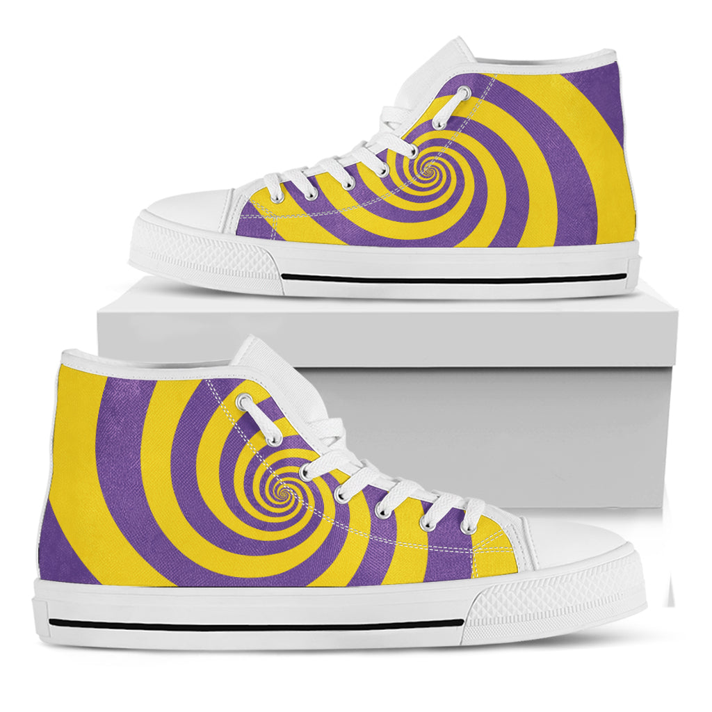 Purple And Yellow Spiral Illusion Print White High Top Shoes