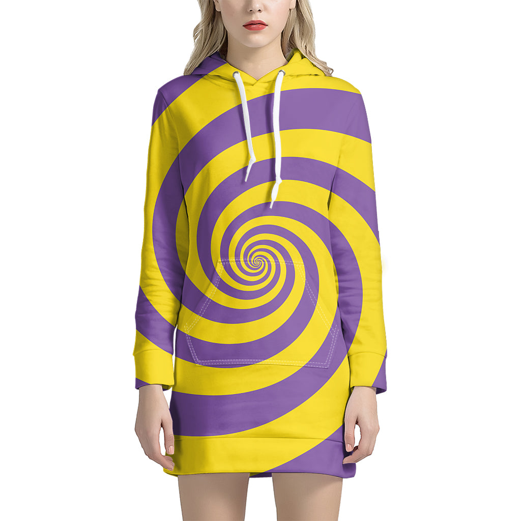 Purple And Yellow Spiral Illusion Print Women's Pullover Hoodie Dress