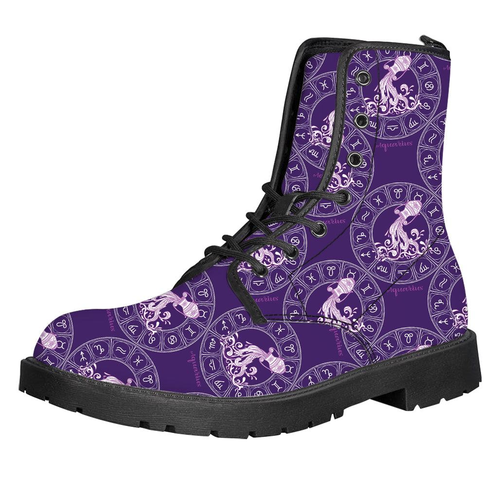 Purple Aquarius Zodiac Pattern Print Leather Boots