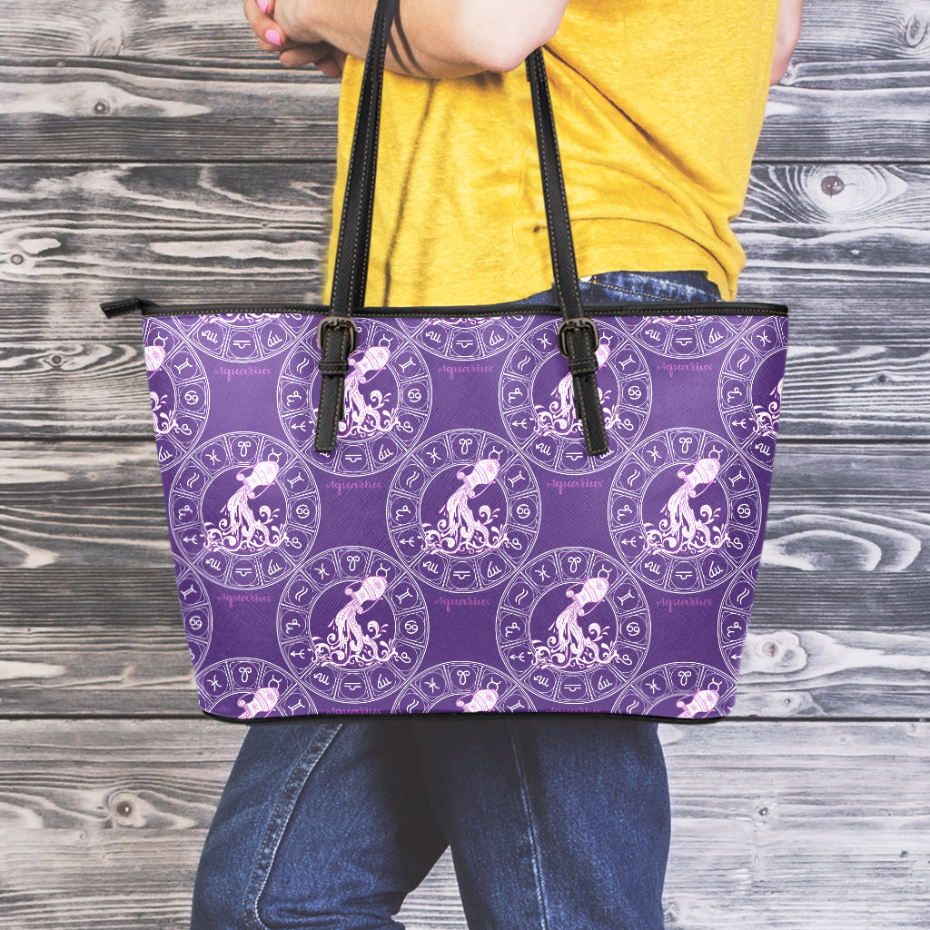 Purple Aquarius Zodiac Pattern Print Leather Tote Bag