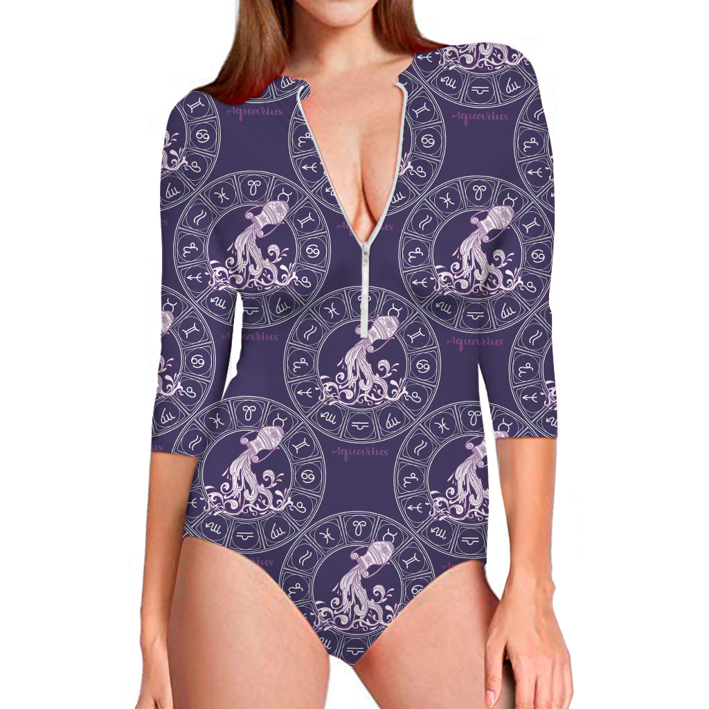 Purple Aquarius Zodiac Pattern Print Long Sleeve One Piece Swimsuit