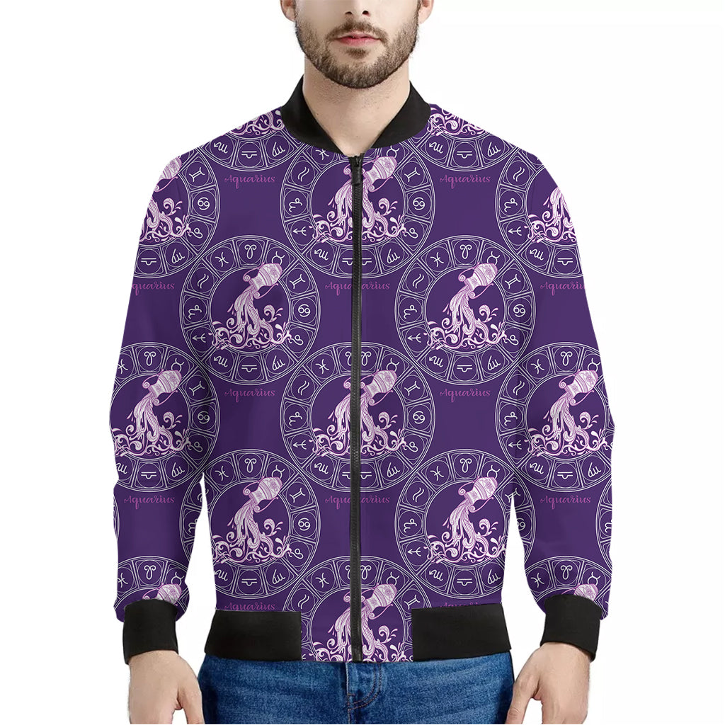 Purple Aquarius Zodiac Pattern Print Men's Bomber Jacket