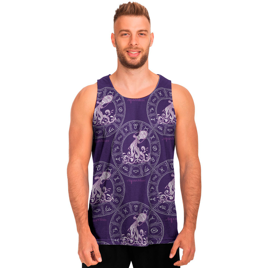 Purple Aquarius Zodiac Pattern Print Men's Tank Top