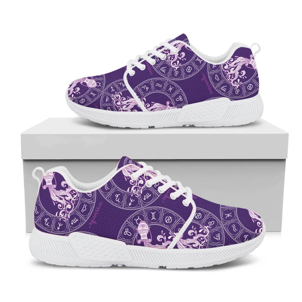 Purple Aquarius Zodiac Pattern Print White Athletic Shoes