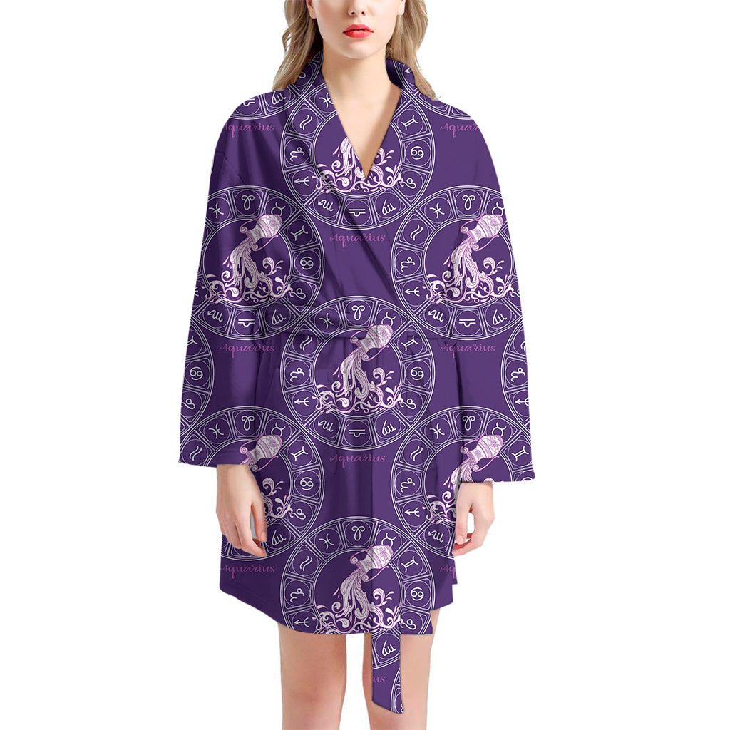 Purple Aquarius Zodiac Pattern Print Women's Bathrobe