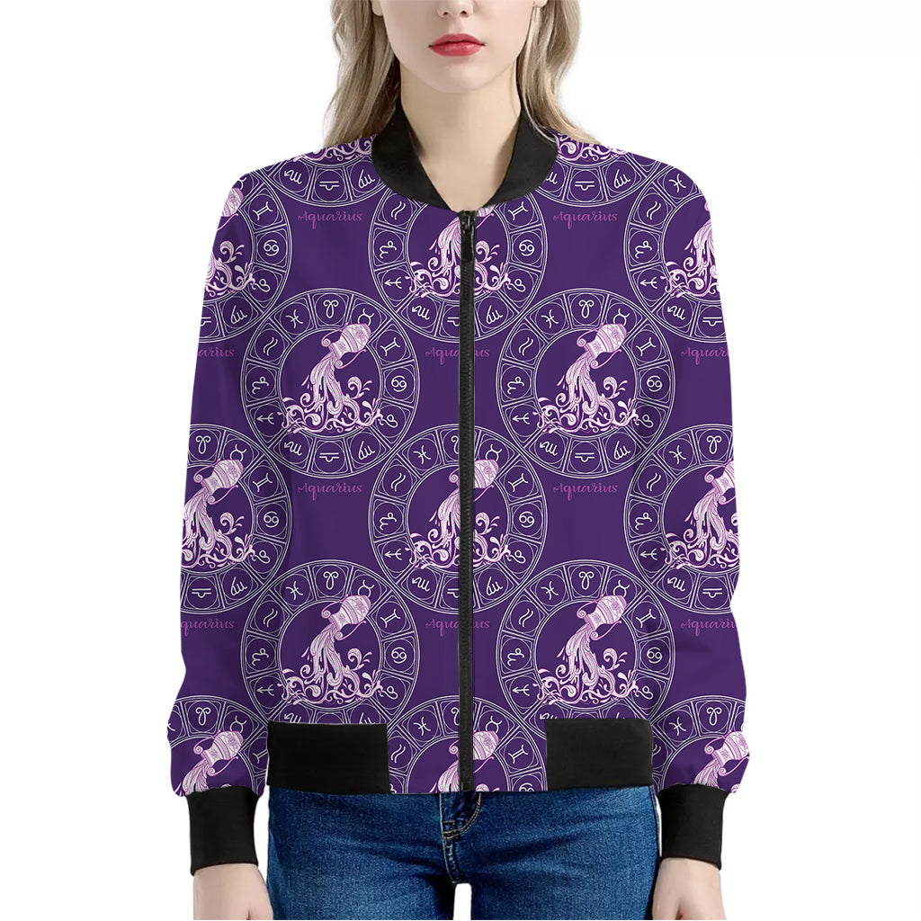 Purple Aquarius Zodiac Pattern Print Women's Bomber Jacket