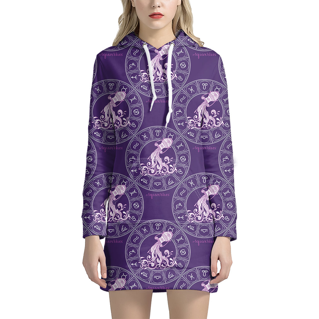 Purple Aquarius Zodiac Pattern Print Women's Pullover Hoodie Dress