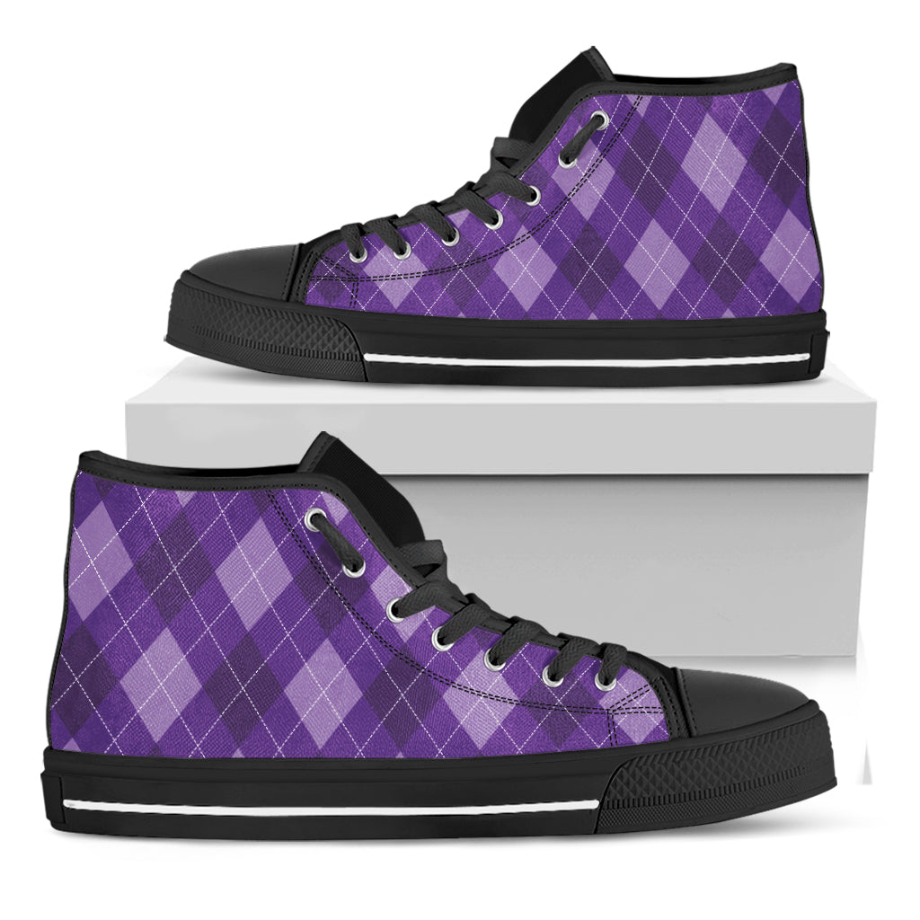 Purple Argyle Pattern Print Black High Top Shoes