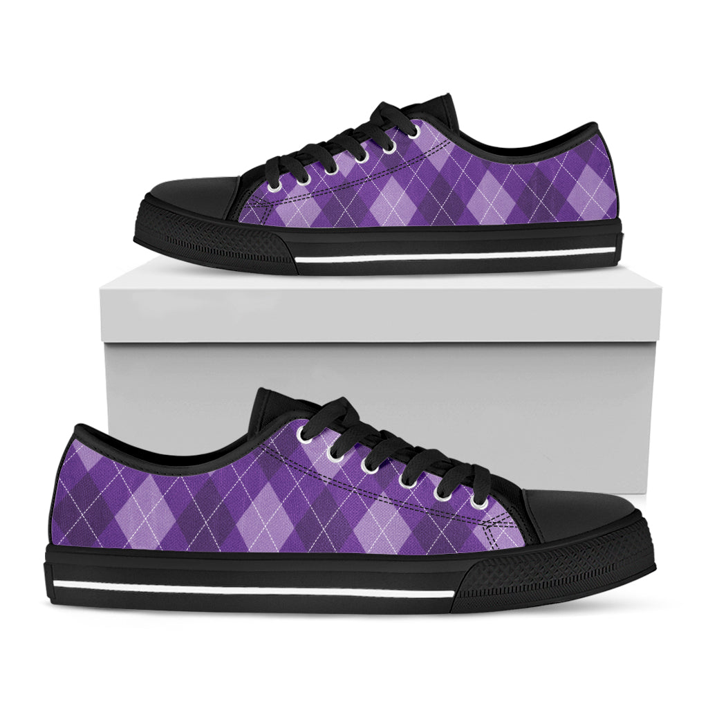 Purple Argyle Pattern Print Black Low Top Shoes