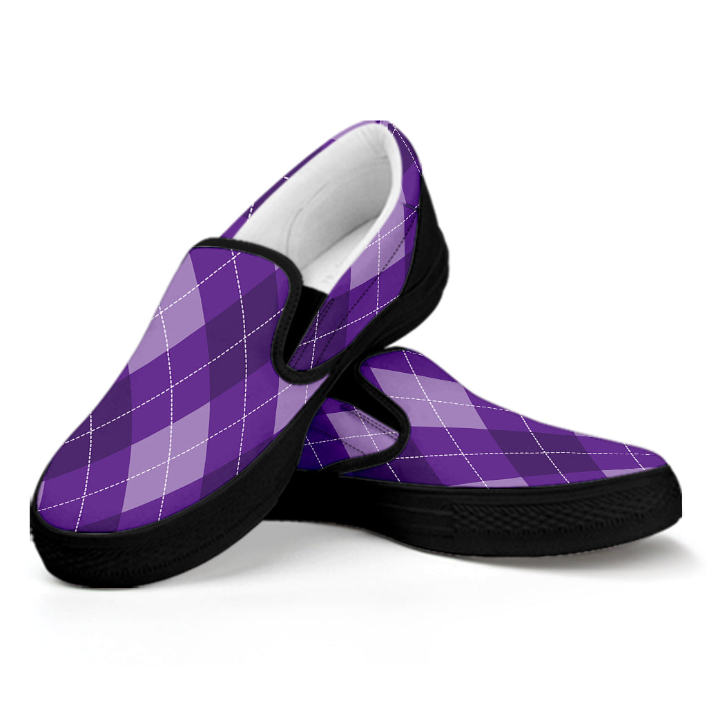 Purple Argyle Pattern Print Black Slip On Shoes