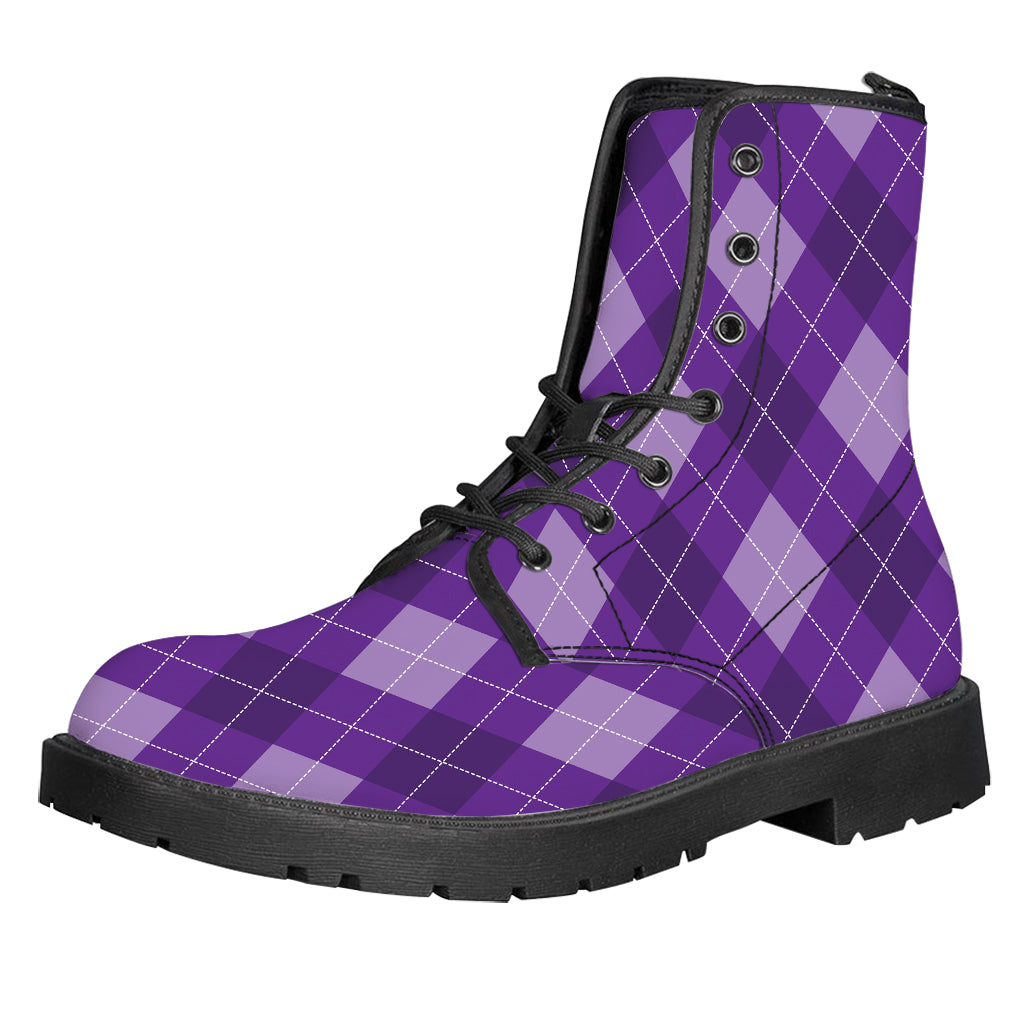 Purple Argyle Pattern Print Leather Boots