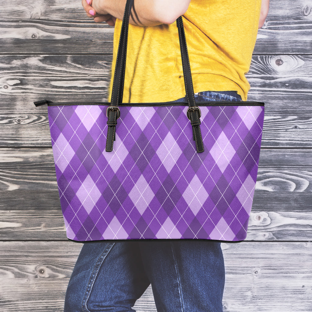 Purple Argyle Pattern Print Leather Tote Bag