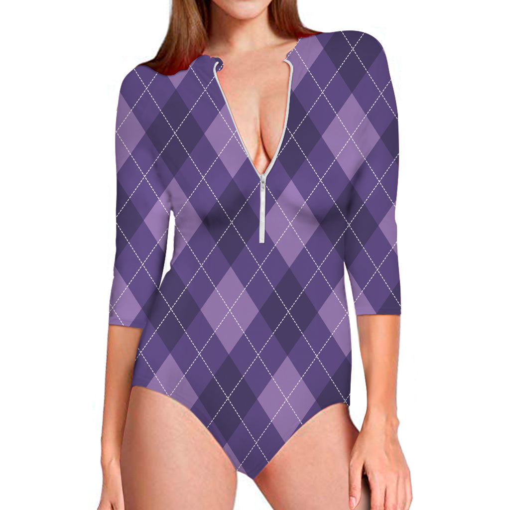 Purple Argyle Pattern Print Long Sleeve One Piece Swimsuit