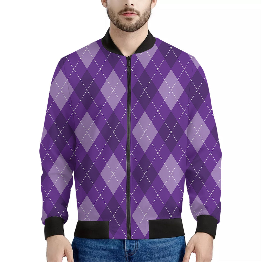 Purple Argyle Pattern Print Men's Bomber Jacket