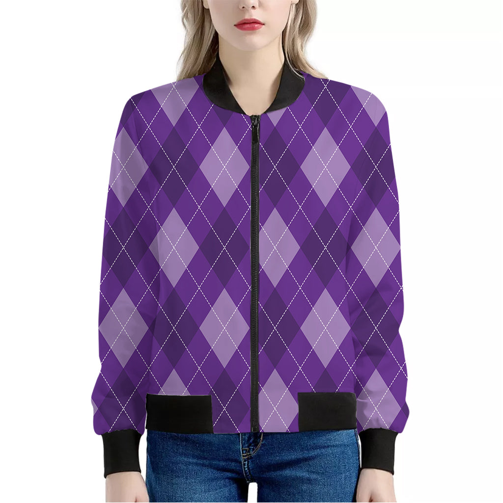 Purple Argyle Pattern Print Women's Bomber Jacket