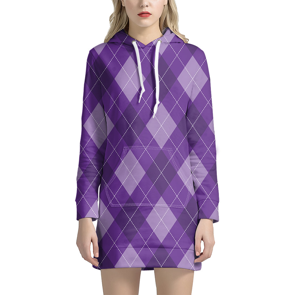 Purple Argyle Pattern Print Women's Pullover Hoodie Dress