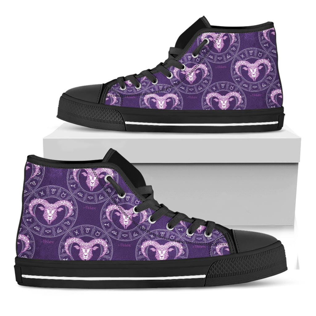 Purple Aries Zodiac Pattern Print Black High Top Shoes