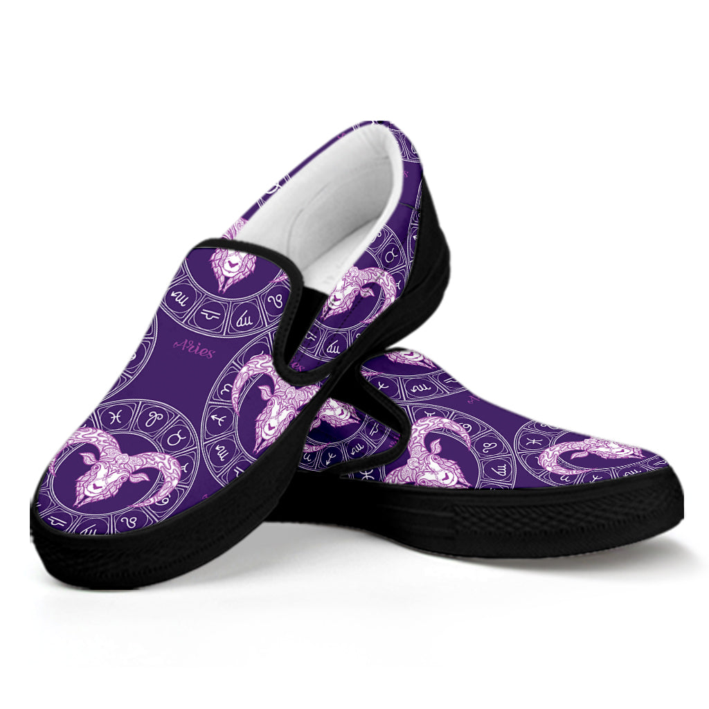 Purple Aries Zodiac Pattern Print Black Slip On Shoes