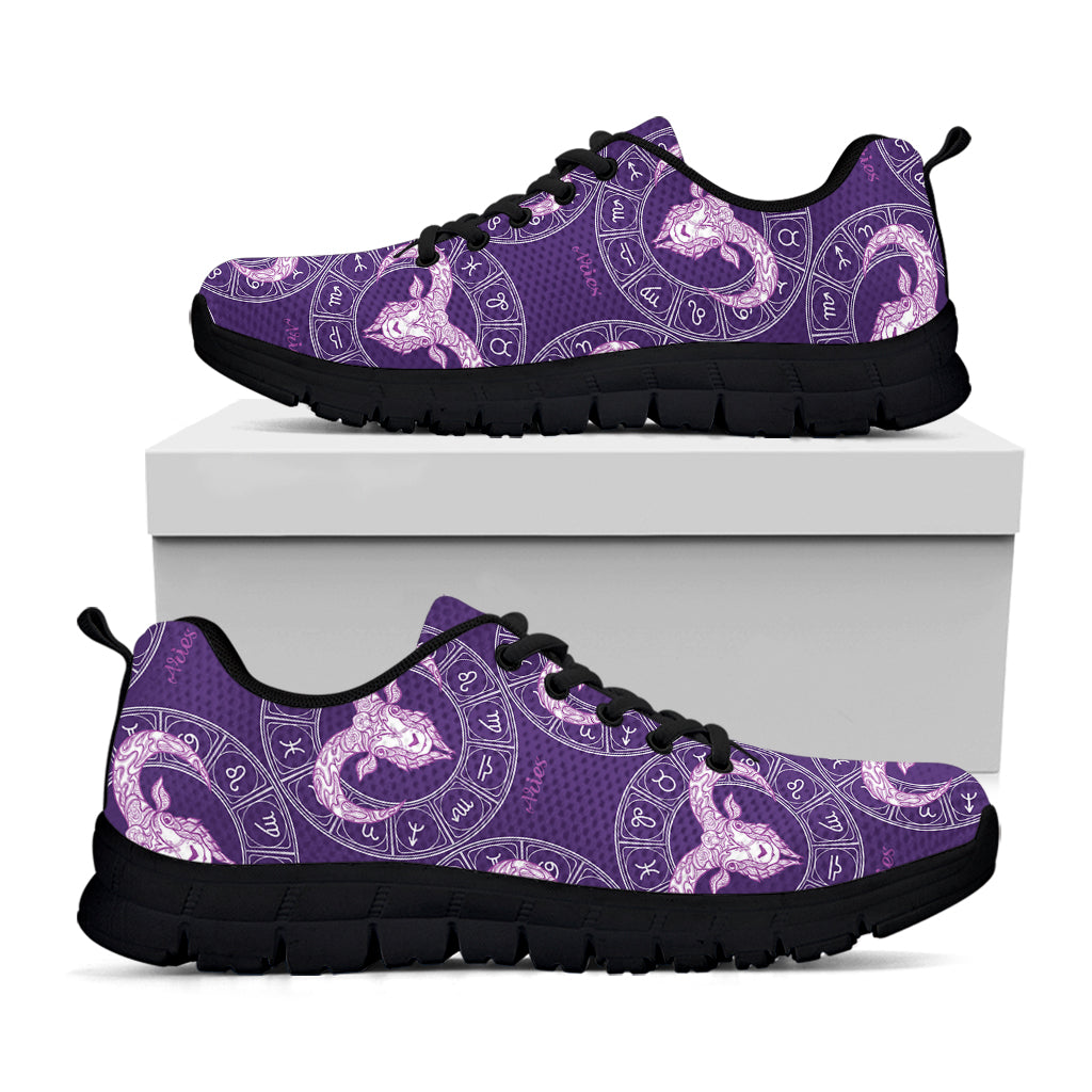 Purple Aries Zodiac Pattern Print Black Sneakers