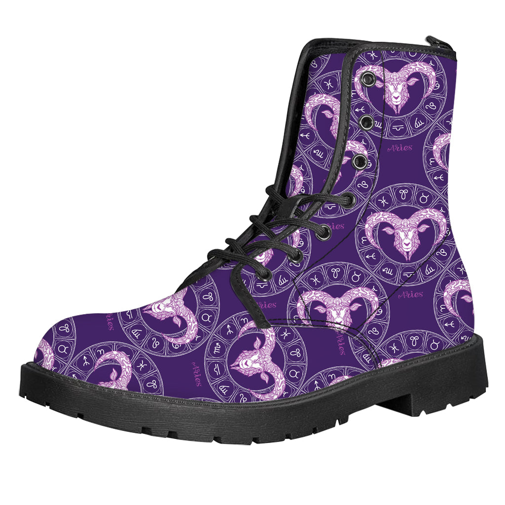 Purple Aries Zodiac Pattern Print Leather Boots