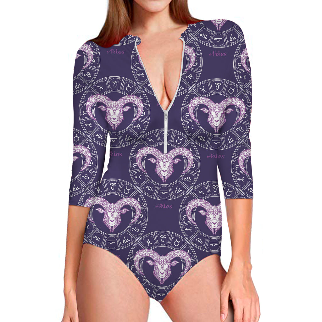 Purple Aries Zodiac Pattern Print Long Sleeve One Piece Swimsuit