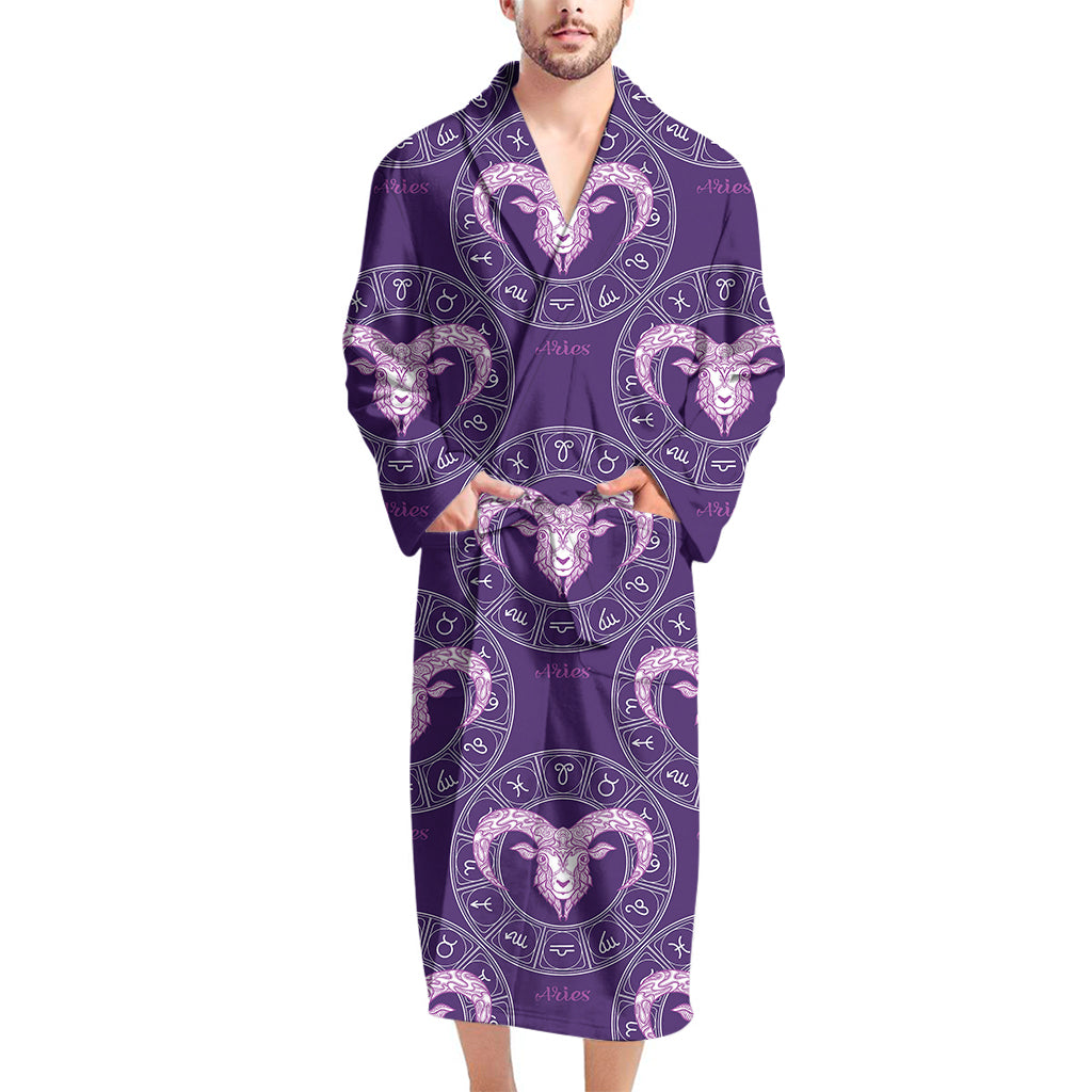 Purple Aries Zodiac Pattern Print Men's Bathrobe