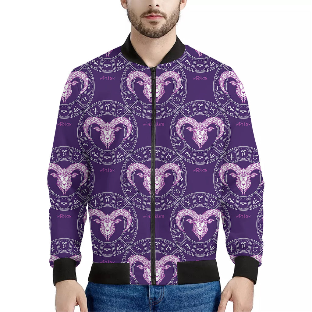 Purple Aries Zodiac Pattern Print Men's Bomber Jacket