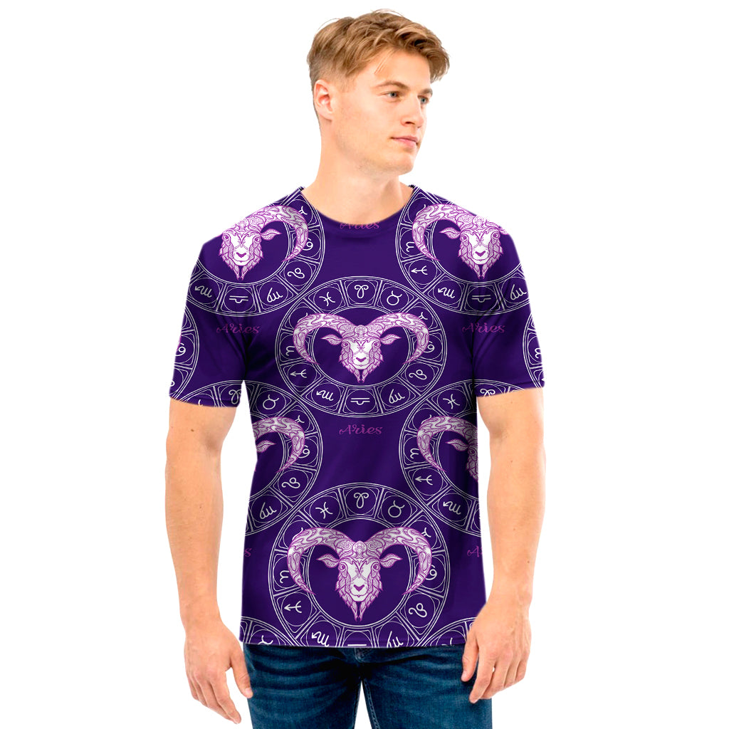 Purple Aries Zodiac Pattern Print Men's T-Shirt