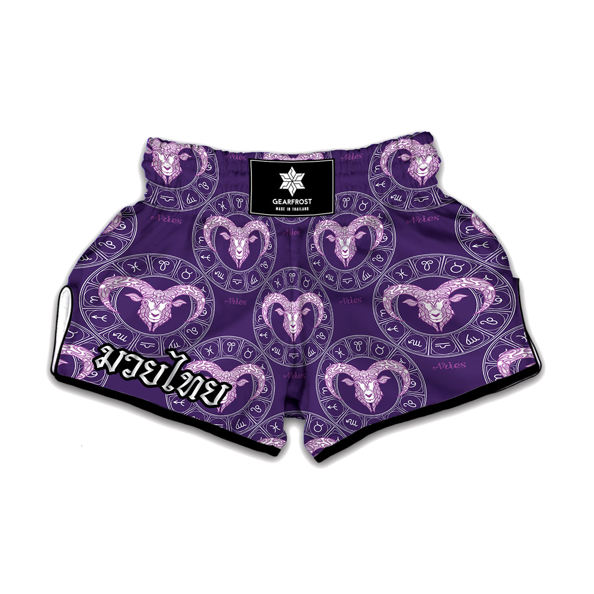 Purple Aries Zodiac Pattern Print Muay Thai Boxing Shorts