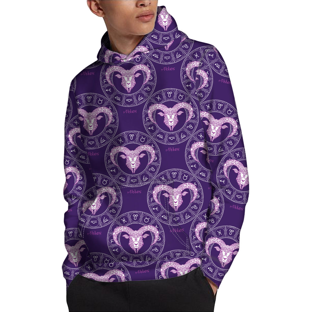 Purple Aries Zodiac Pattern Print Pullover Hoodie