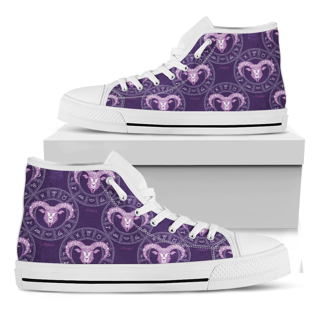 Purple Aries Zodiac Pattern Print White High Top Shoes