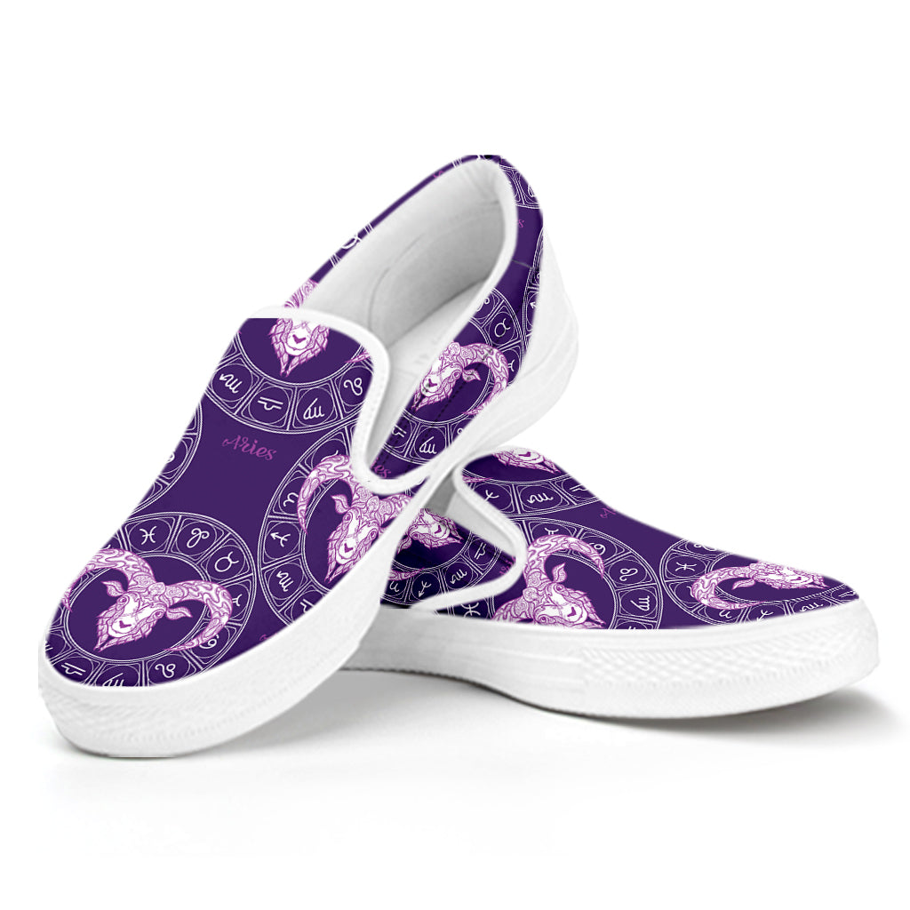 Purple Aries Zodiac Pattern Print White Slip On Shoes