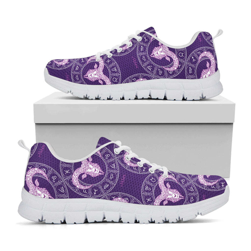 Purple Aries Zodiac Pattern Print White Sneakers