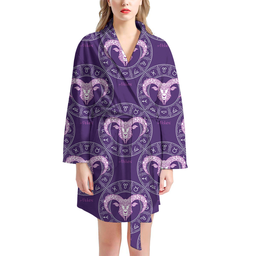 Purple Aries Zodiac Pattern Print Women's Bathrobe