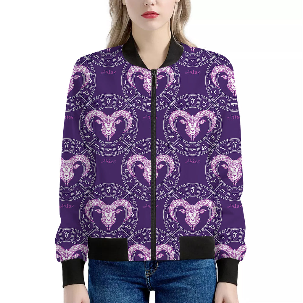 Purple Aries Zodiac Pattern Print Women's Bomber Jacket