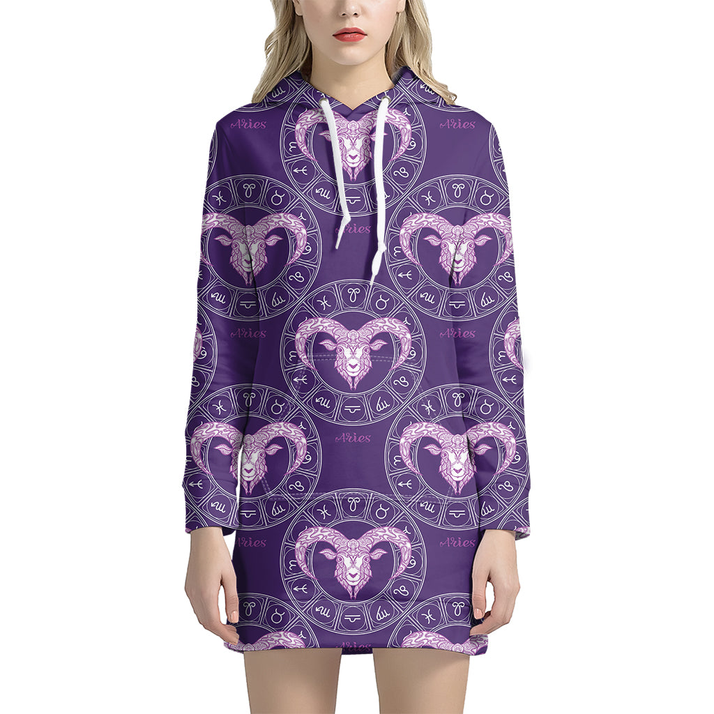 Purple Aries Zodiac Pattern Print Women's Pullover Hoodie Dress