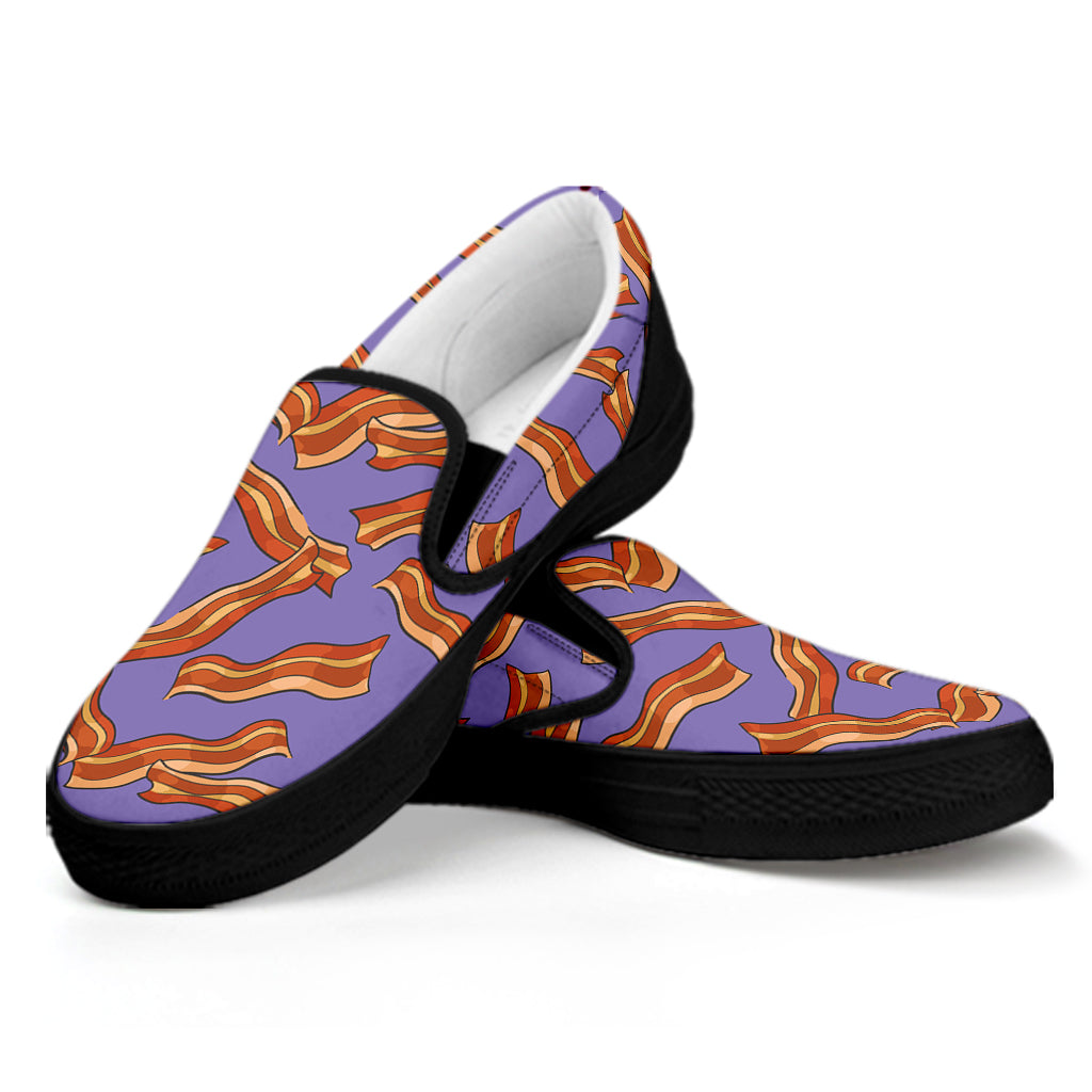 Purple Bacon Pattern Print Black Slip On Shoes