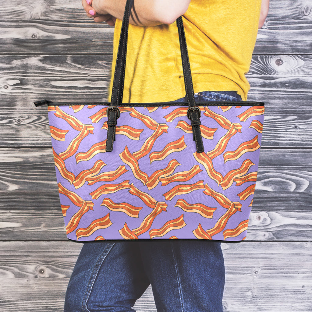 Purple Bacon Pattern Print Leather Tote Bag