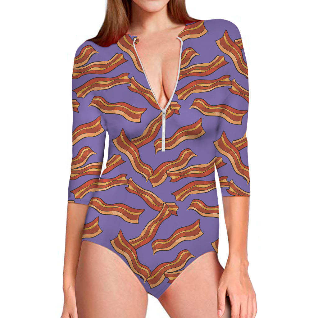 Purple Bacon Pattern Print Long Sleeve One Piece Swimsuit