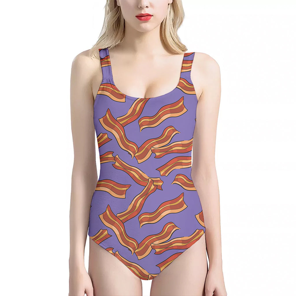 Purple Bacon Pattern Print One Piece Halter Neck Swimsuit