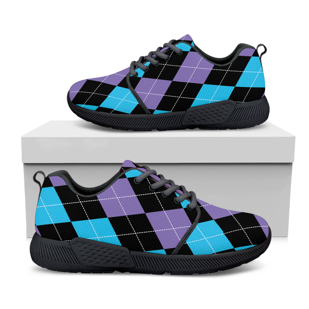 Purple Black And Blue Argyle Print Black Athletic Shoes