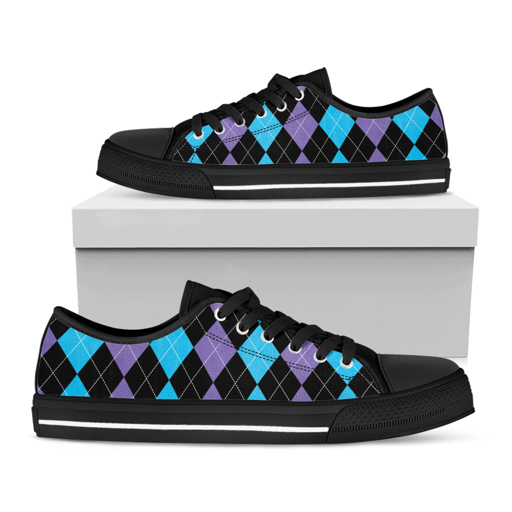 Purple Black And Blue Argyle Print Black Low Top Shoes