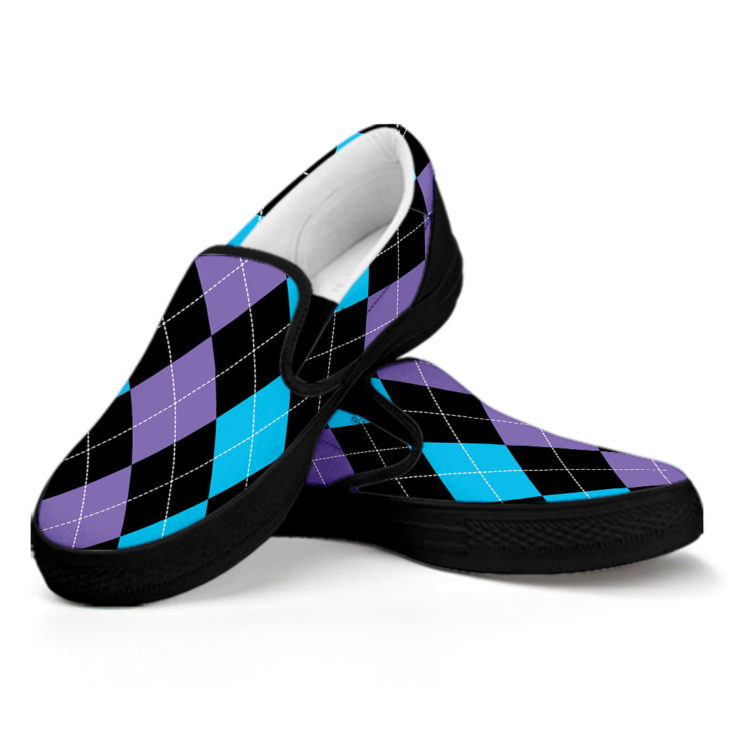 Purple Black And Blue Argyle Print Black Slip On Shoes