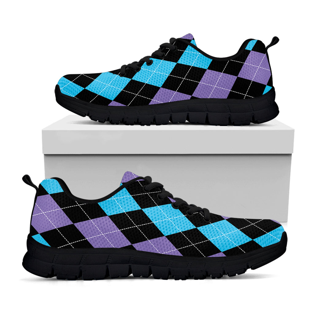 Purple Black And Blue Argyle Print Black Sneakers