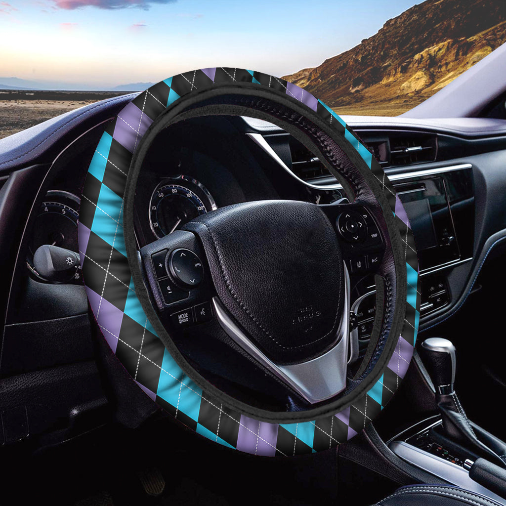 Purple Black And Blue Argyle Print Car Steering Wheel Cover