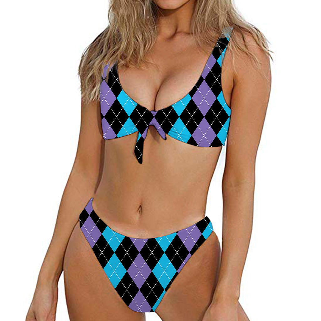 Purple Black And Blue Argyle Print Front Bow Tie Bikini