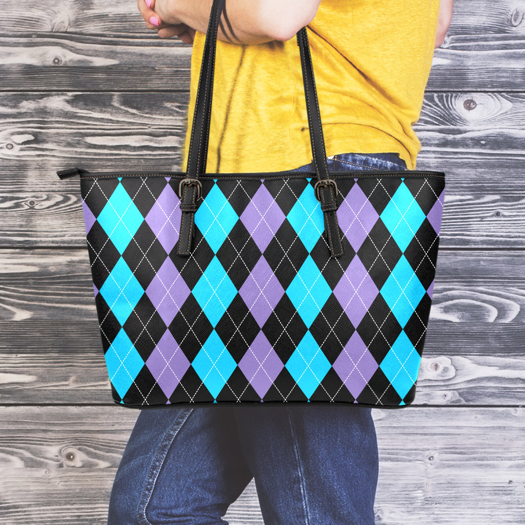 Purple Black And Blue Argyle Print Leather Tote Bag