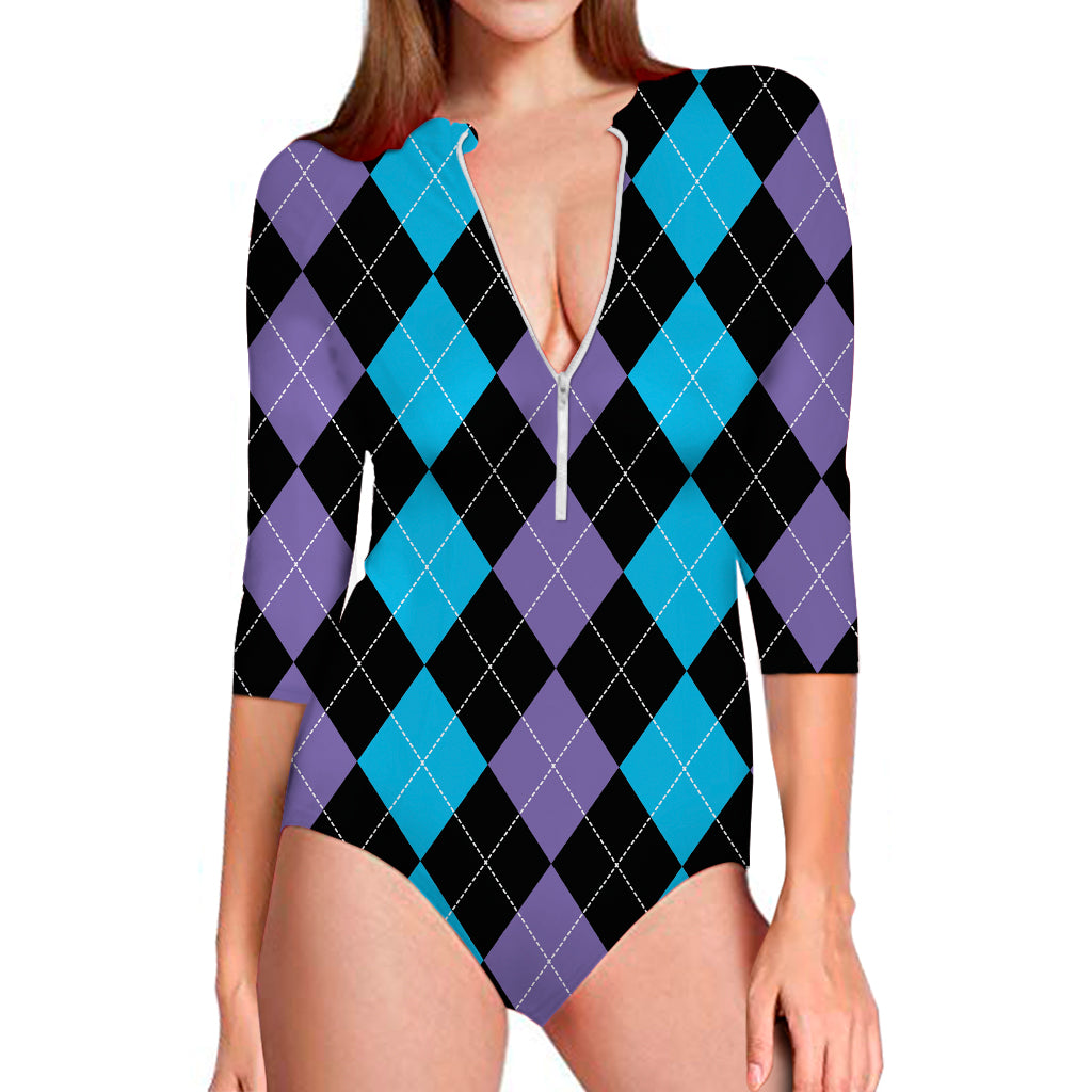 Purple Black And Blue Argyle Print Long Sleeve One Piece Swimsuit