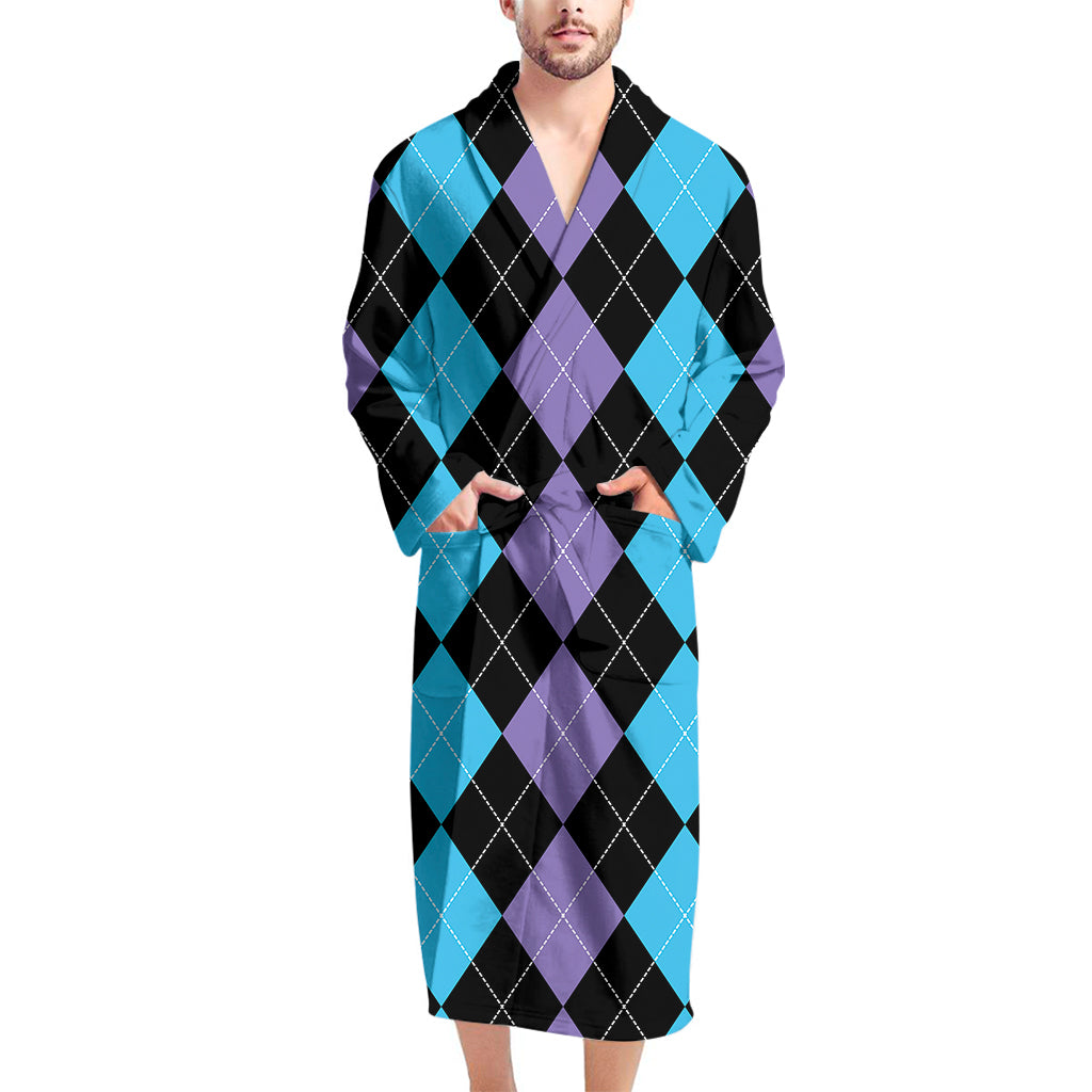 Purple Black And Blue Argyle Print Men's Bathrobe